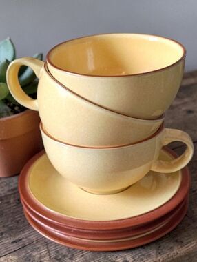 Denby Teacup Juice Mug Set Of 3 + 3 Saucer Plates Lemon England Cottage Classic